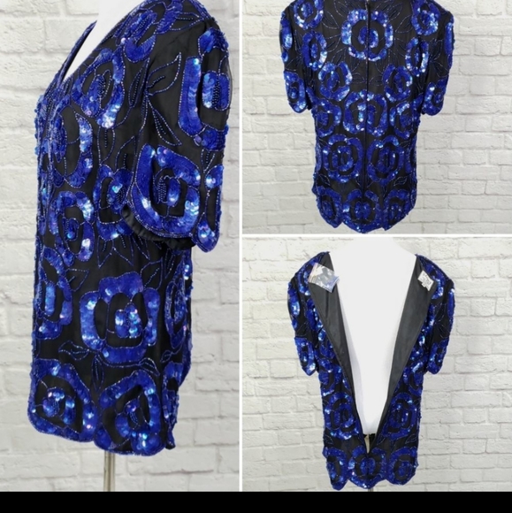 Stenay Royal Blue Sequin Beaded Black Silk Blouse - Picture 2 of 5